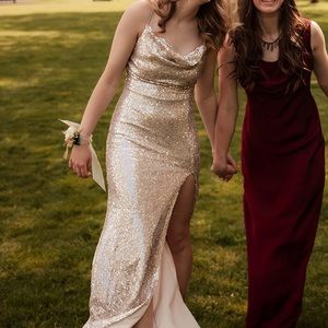 Prom Dress, cowl neck, cross back, long, side slit. Non-smoking home